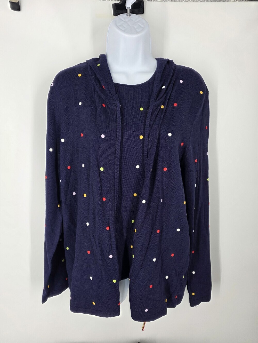 Tanjay Vintage Confetti Polka Dot Hooded Cardigan M Tank Top Shell S Navy Set
